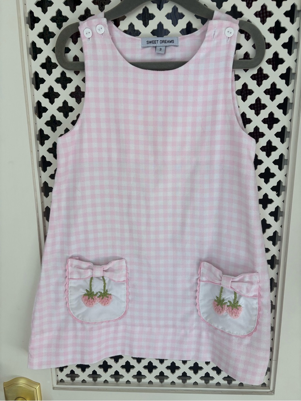Sweet Dreams Pink Gingham Strawberry Pocket Girls Dress - 3T